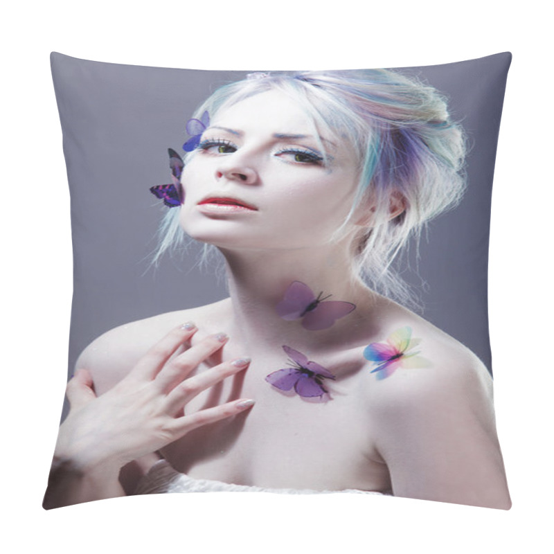 Personality  Beautiful Girl And Butterfly. Creative Make Up. Portrait With Toning Pillow Covers