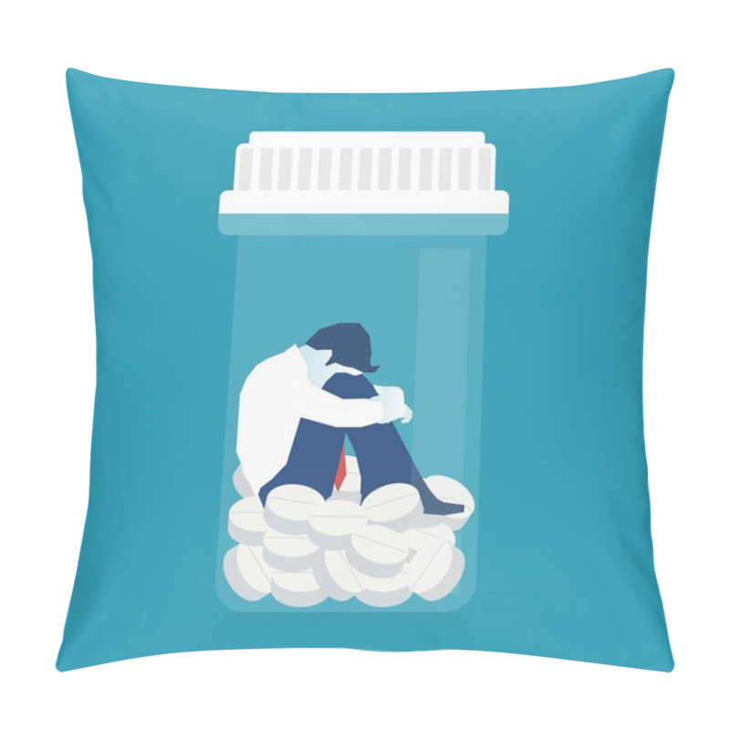 Personality  Sick Patient Man In Depression Drowning In Medications, Conceptual Illustration Of Drug Addiction. Eps 10 Vector Illustration, Horizontal Image, Minimalist White Blue Flat Design. Pillow Covers