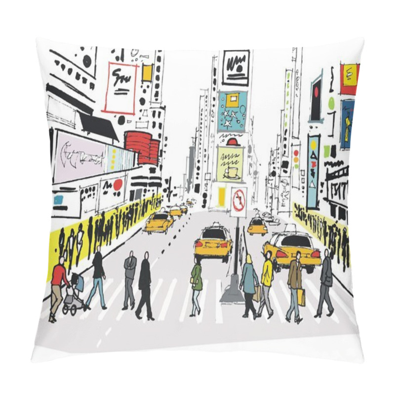 Personality  Vector Illustration Of Pedestrians Crossing Road At Times Square, New York Pillow Covers