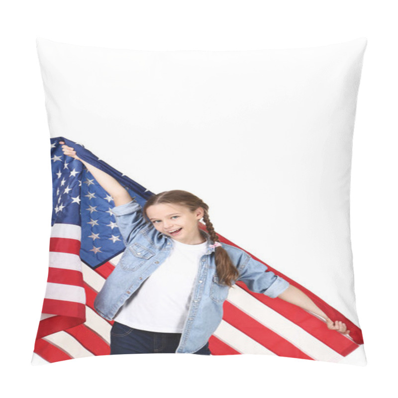 Personality  Young Girl Holding An American Flag On White Background Pillow Covers