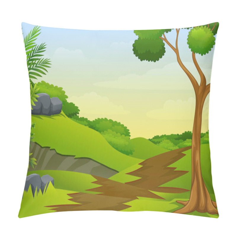 Personality  A Pathway Going Through Lush Green Outfield With Trees And Hills Pillow Covers