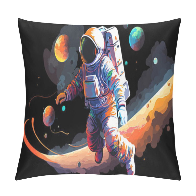 Personality  Astronaut Explores Space Being Desert Planet. Astronaut Space Suit Performing Extra Cosmic Activity Space Against Stars And Planets Background. Human Space Flight. Modern Vector Illustration Pillow Covers