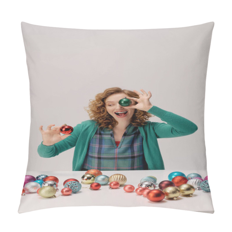 Personality  A Cheerful Young Woman Organizes Vibrant Ornaments While Preparing For The Holiday Season. Pillow Covers