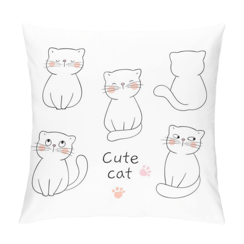 Personality  Banner With Drawn In Doodle Cartoon Style Outline Cute Cats On White Background  Pillow Covers