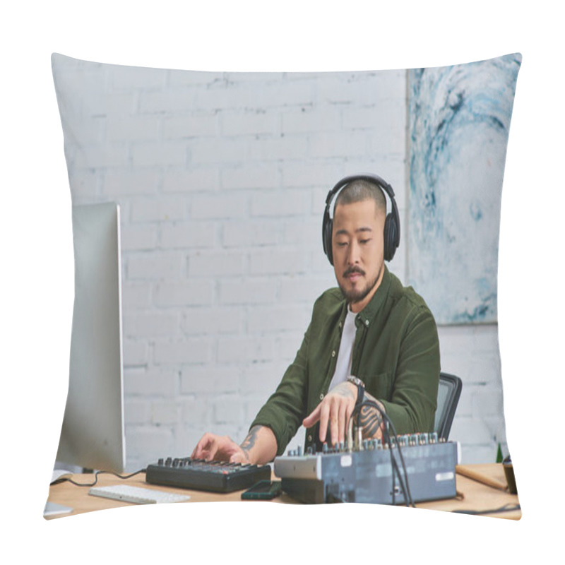 Personality  A Handsome Asian Man Wearing Headphones And A Green Shirt Sits At A Desk In A Studio, Working On Music Production. Pillow Covers