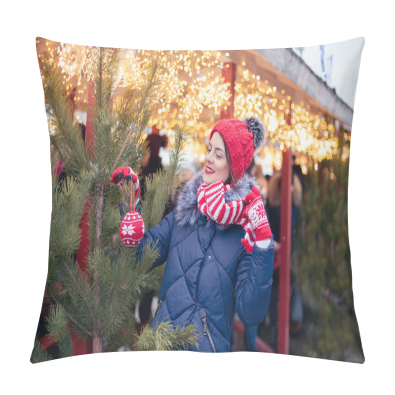 Personality  Young Woman On Christmas Market. Cute Lovely Girl In Red Hat Standing At Street And Hangs Ball On Christmas Tree Outdoors In Winter Snow Day. Christmas Lights Pillow Covers