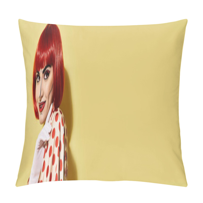 Personality  A Pretty Redhead Woman With Creative Pop Art Makeup Wearing A Polka Dot Dress On A Yellow Background, Inspired By Comics. Pillow Covers