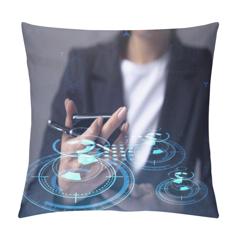 Personality  Businesswoman In Formal Wear Holding In The Hands A Smart Phone And Testing An Innovative Application To Provide A Completely New Service. Close Up Shot. Hologram Tech Graphs. Concept Of Dev Team. Pillow Covers