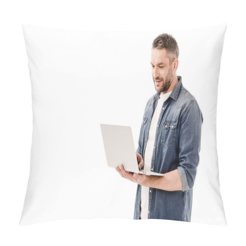 Personality  Smiling Man In Denim Shirt Using Laptop Isolated On White Pillow Covers