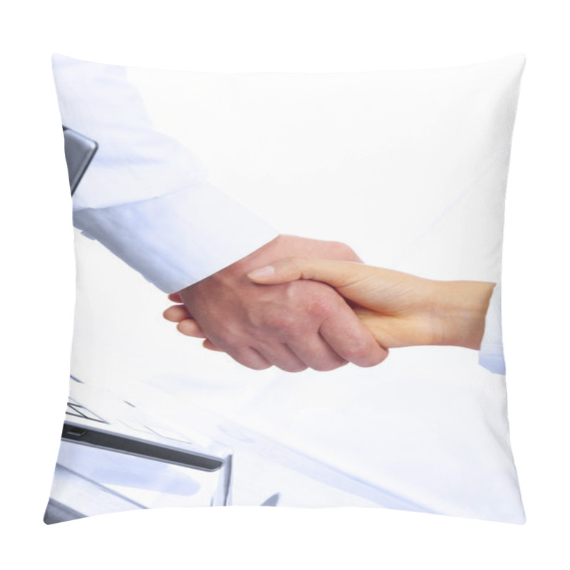 Personality  View Of Handshake Over Paper And Computer In The Background Pillow Covers