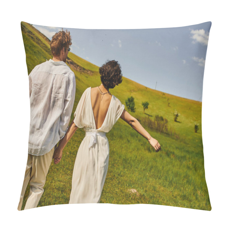 Personality  Rural Wedding, Back View, Bride In Wedding Dress Walking With Groom In Field, Just Married Couple Pillow Covers