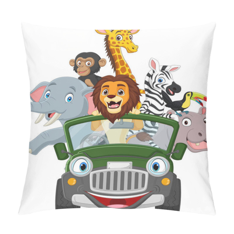 Personality  Vector Illustration Of Cartoon Wild Animals Riding A Green Car Pillow Covers