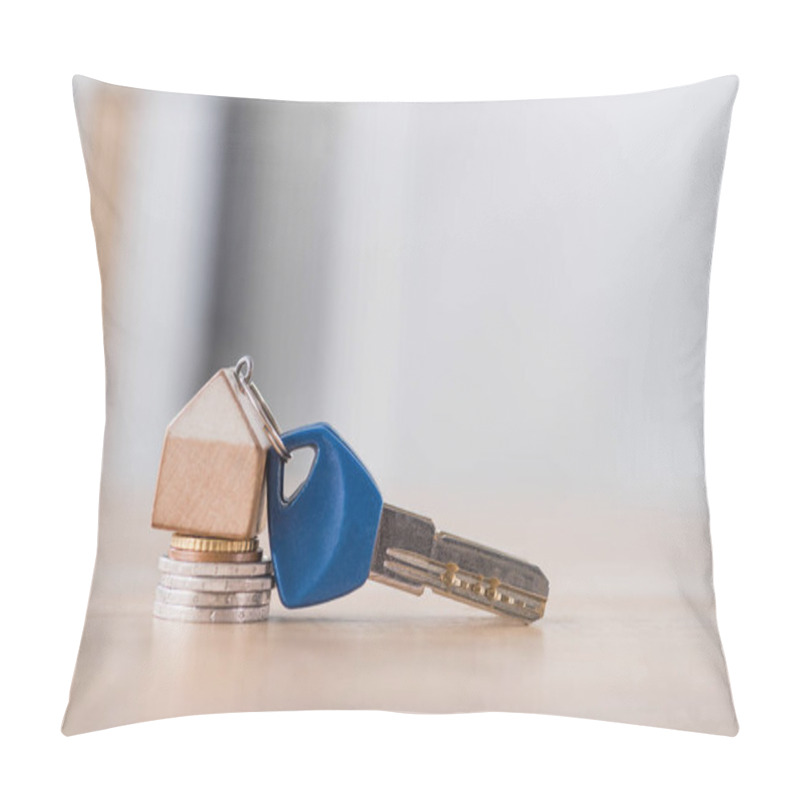 Personality  Key With Toy House Trinket On Stack Of Holden And Silver Coins On Wooden Table Pillow Covers