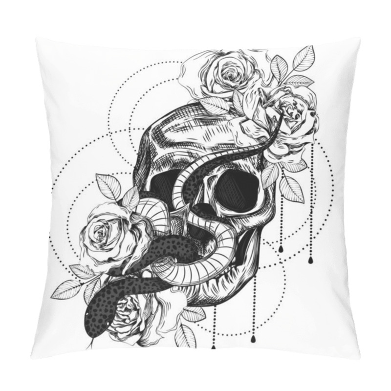 Personality  Bouquet Of Roses, Snake And Skull. Botanical Line Art Illustration. Sketch. Gothic Vintage Tattoo. Pillow Covers