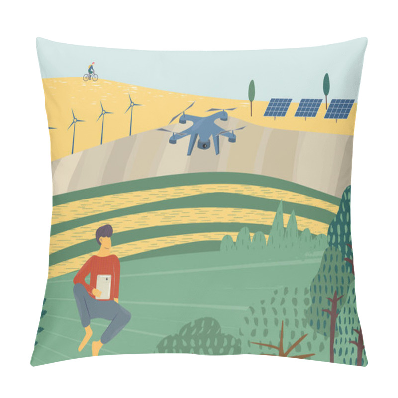 Personality  Smart Farming, Modern And High Tech Farmer And Agriculture Concept, Iot Green. Man Uses Tablet To Control Monitoring Drone Pillow Covers