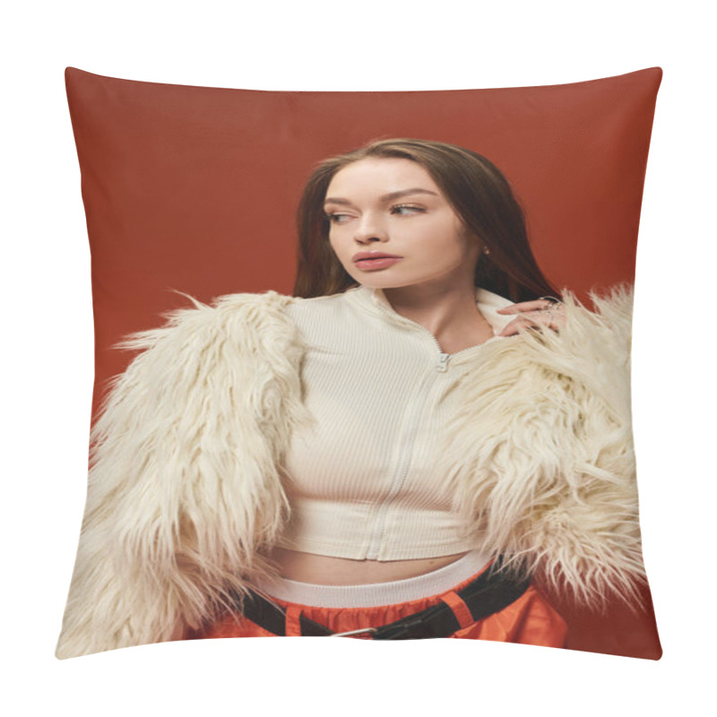 Personality  A Beautiful Woman Showcases Her Stylish Outfit Featuring A Fur Jacket And Vibrant Pants. Pillow Covers