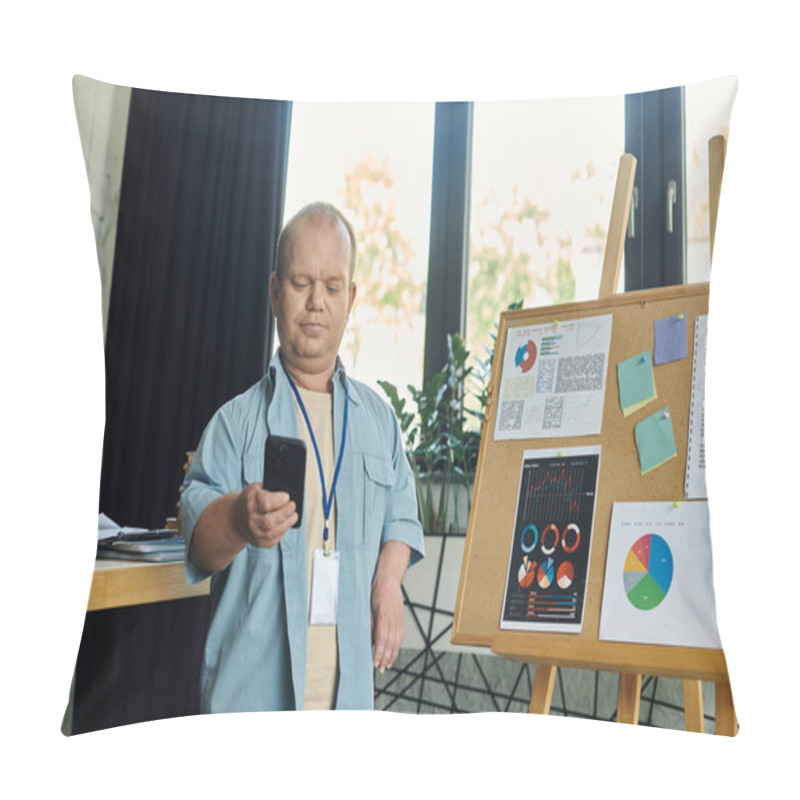 Personality  A Man With Inclusivity Stands In An Office, Focused On His Phone, Highlighting His Commitment To Inclusivity. Pillow Covers