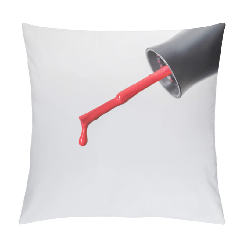 Personality  Close Up View Of Brush With Dripping Red Nail Polish Drop Isolated On Grey Pillow Covers