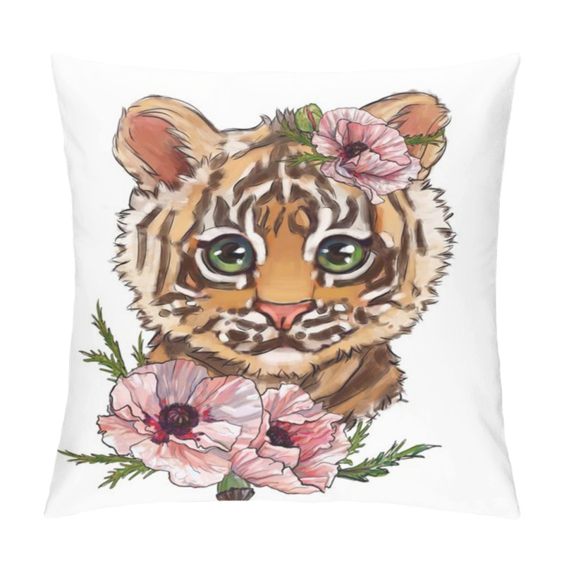 Personality  Cute Tiger In Flowers Illustration On An Isolated White Background. T-shirt Print, Card. Tiger Poster. Cute Animals Children Illustration Your Design Pillow Covers