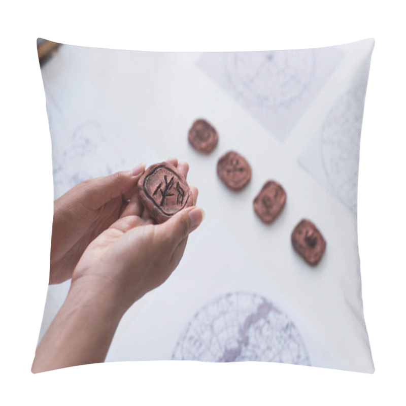 Personality  High Angle View Of Cropped Fortune Teller Holding Clay Rune Near Blurred Star Charts Pillow Covers