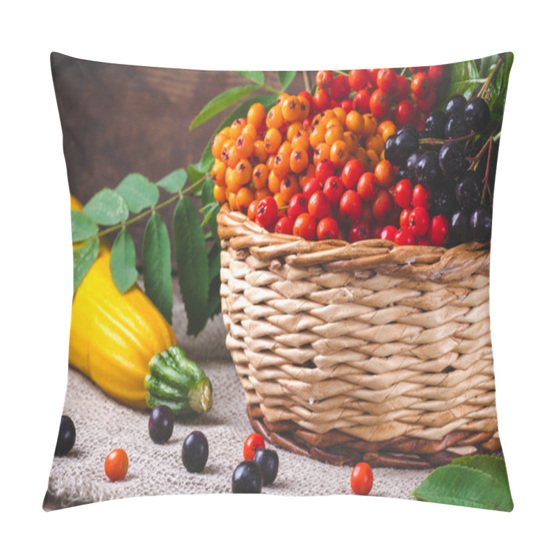 Personality  Branches Of Red, Orange And Black Mountain Ash And Fresh, Yellow Zucchini On Sackcloth Napkin On Wooden Background. Autumn Theme.  Pillow Covers