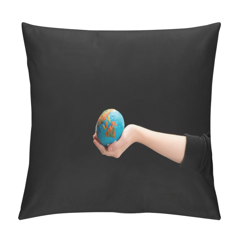 Personality  Partial View Of Woman With Outstretched Hand Holding Plasticine Globe Isolated On Black, Global Warming Concept Pillow Covers