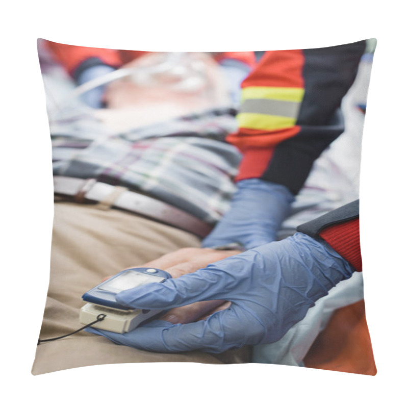 Personality  Selective Focus Of Paramedic Fastening Heart Rate Monitor On Ill Patient In Ambulance Car  Pillow Covers