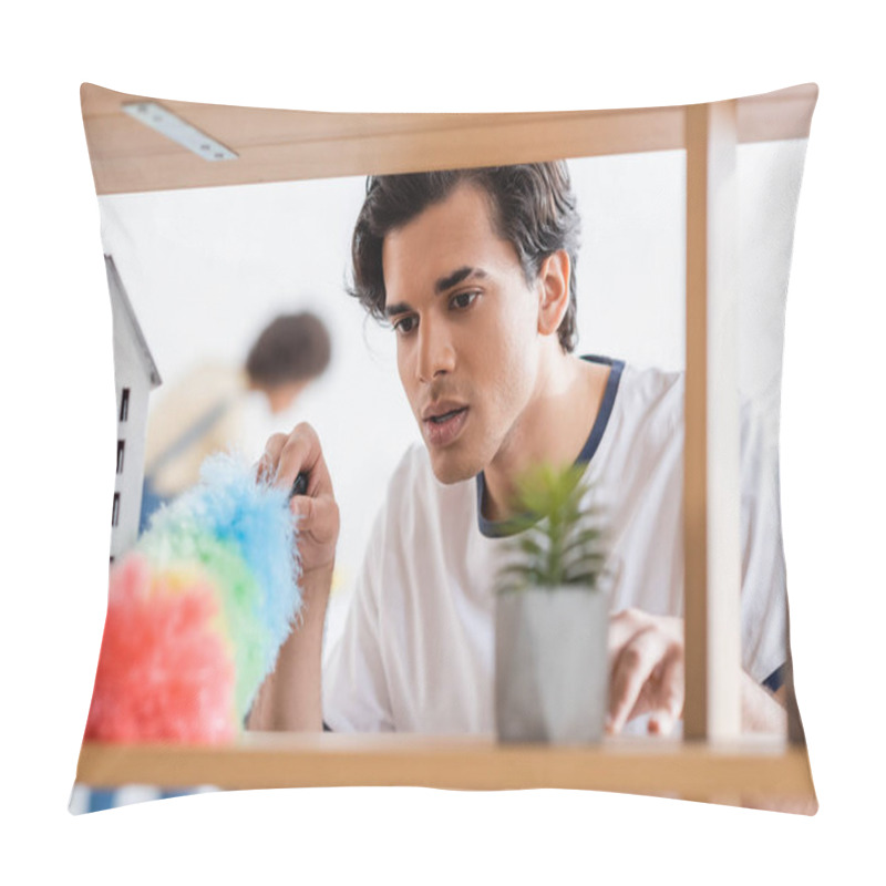 Personality  Young Man Cleaning Wooden Shelf With Dust Brush Near Plant Pillow Covers