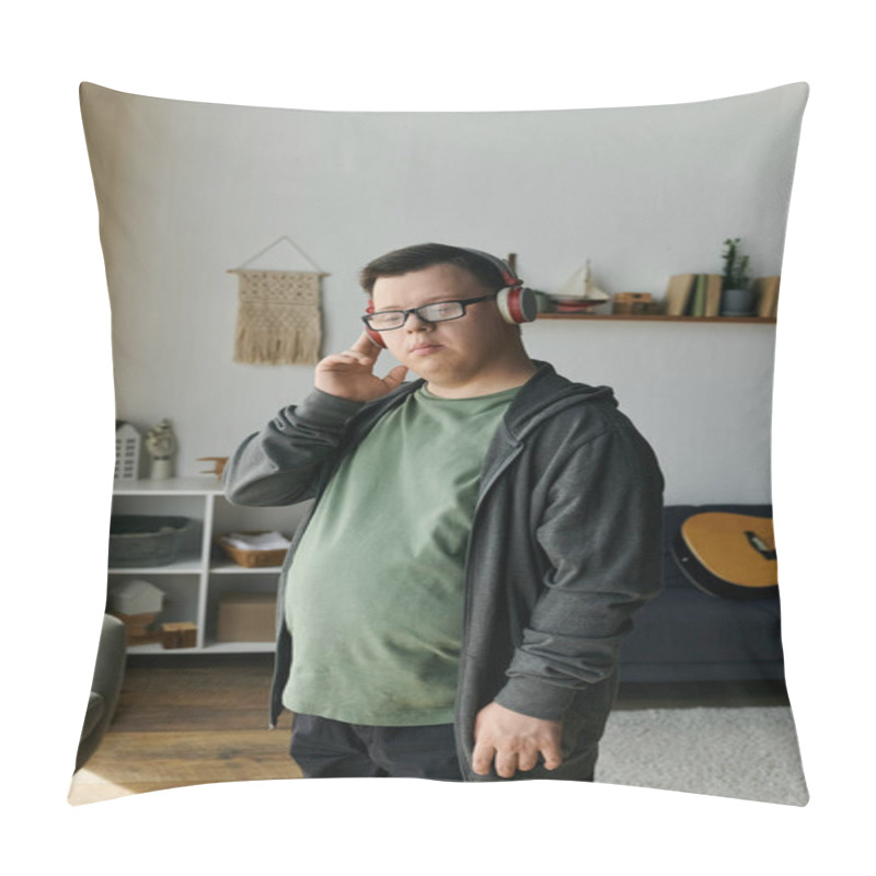 Personality  A Young Man With Down Syndrome Enjoys His Favorite Tunes While Relaxing At Home. Pillow Covers