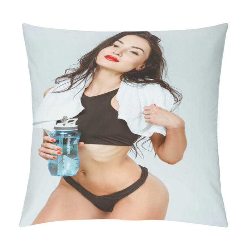 Personality  Sexy Woman In Sport Bra And Panties Posing With Sport Bottle And Towel Isolated On Grey Pillow Covers