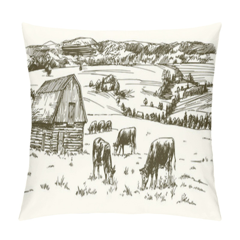 Personality  Cows Grazing On Meadow. Barn On The Background. Hand Drawn Illus Pillow Covers