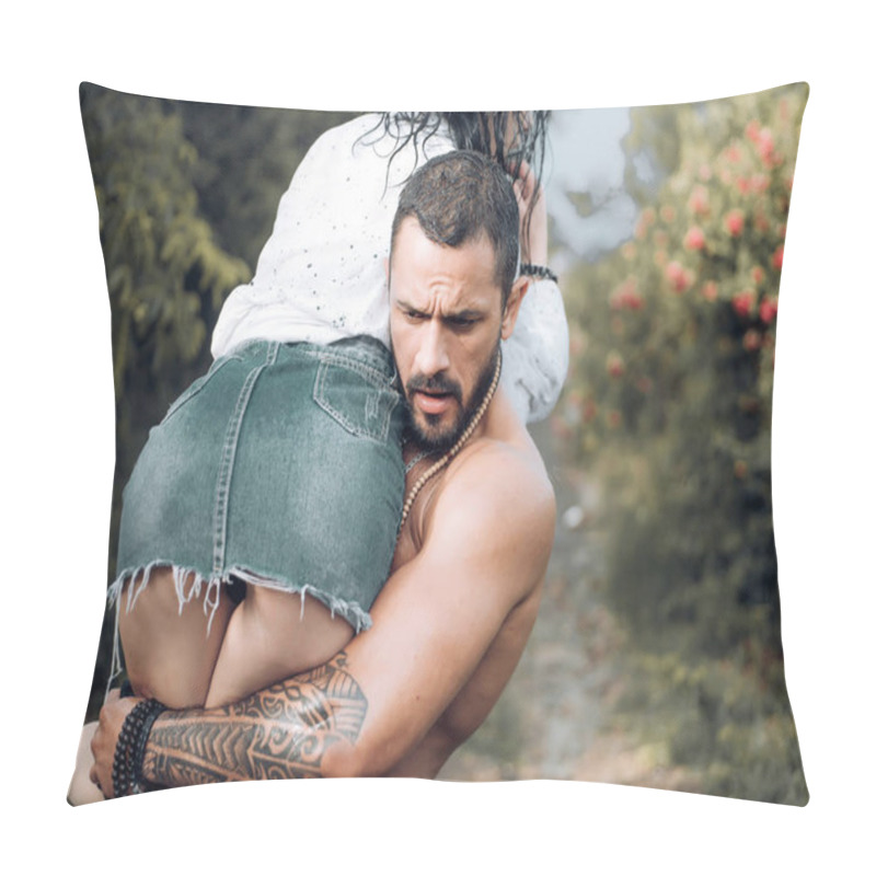 Personality  Carry Your Beloved On Your Shoulder. Dominant Man. Passion And Sensual Touch. Family Couple Of Man And Sexy Girl. Black And White. Pillow Covers