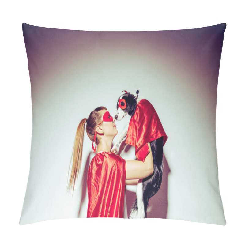 Personality  Side View Of Young Woman And Little Puppy In Red Masks And Capes Pillow Covers