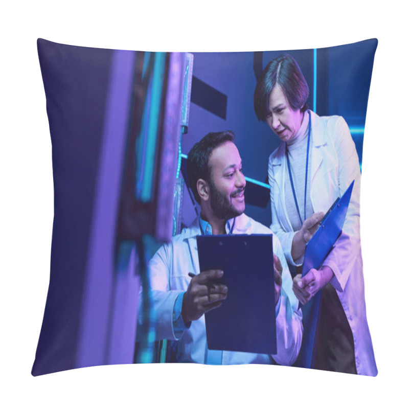 Personality  Futuristic Collaboration: Hindu Male And Adult Female Scientists Analyze Data And Share Smiles Pillow Covers