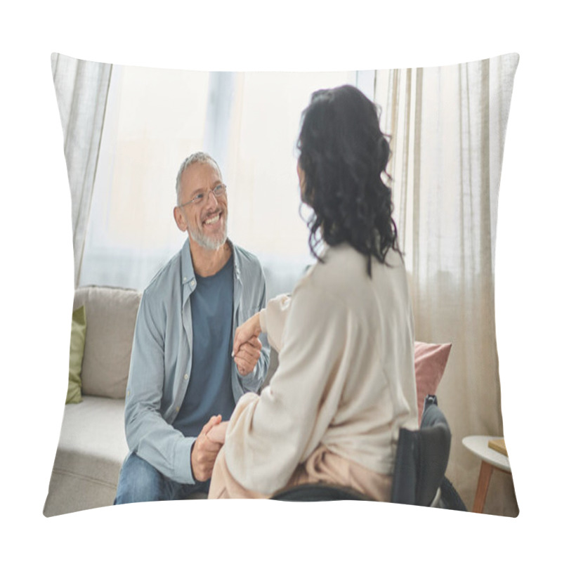 Personality  A Woman In A Wheelchair Engaging In Conversation With A Man, Both Smiling In A Cozy Living Room Setting. Pillow Covers