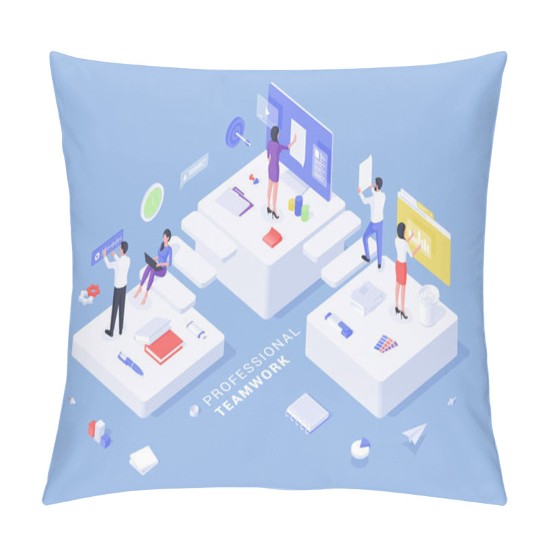 Personality  Three Dimensional Vector Illustration With Contemporary Office People Demonstrating Professional Teamwork While Doing Different Job Tasks Composed On Blue Background Pillow Covers