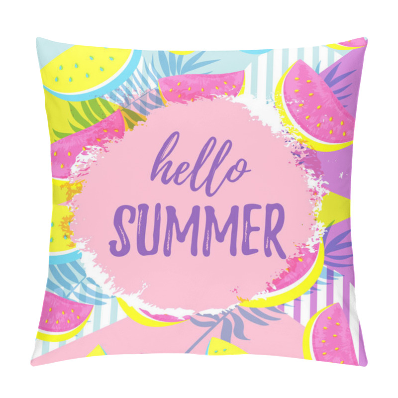 Personality  HELLO SUMMER Greeting Banner. Seamless Watermelon Pattern Isolated On Geometrci Pop Art Background. Pillow Covers