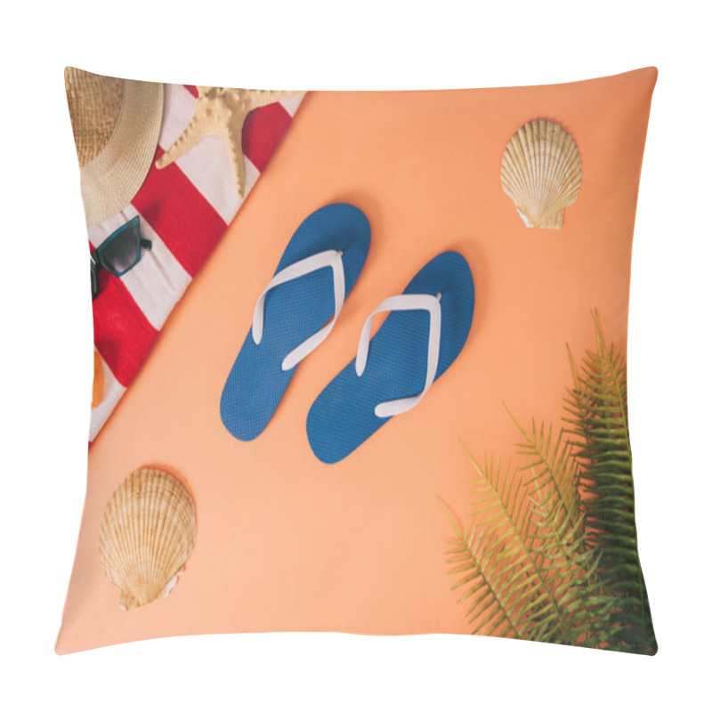 Personality  Top View Of Summer Accessories And Sunscreen On Orange Background With Palm Leaves And Seashells Pillow Covers