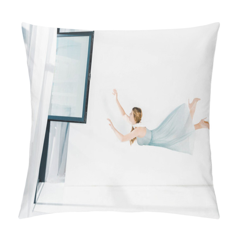 Personality  Floating Girl In Blue Dress Raised Hands Near Window With Copy Space Pillow Covers