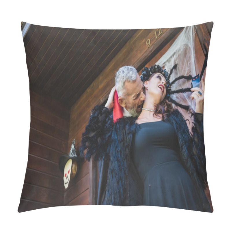 Personality  Low Angle View Of Man In Halloween Vampire Costume Biting Neck Of Wife On Cottage Porch Pillow Covers