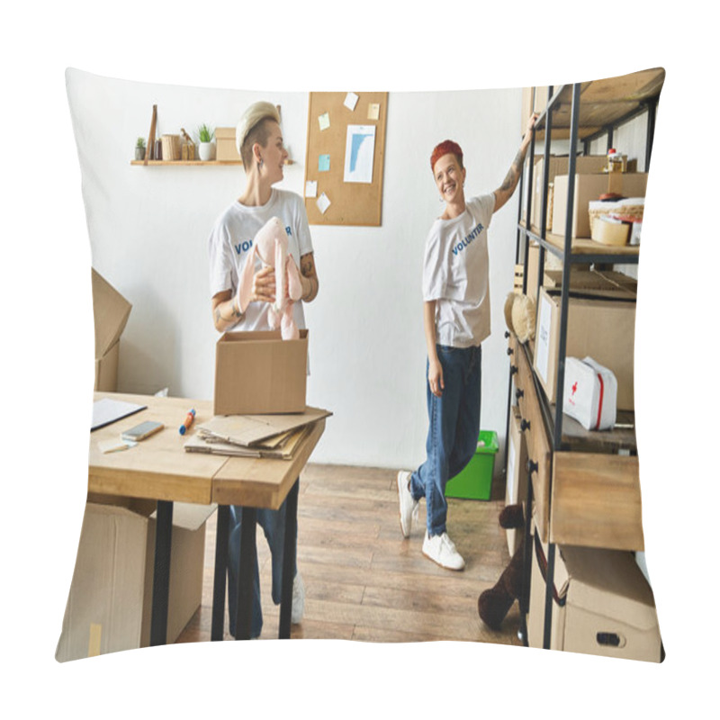 Personality  A Young Lesbian Couple In Volunteer T-shirts Doing Charity Work Together In A Room. Pillow Covers