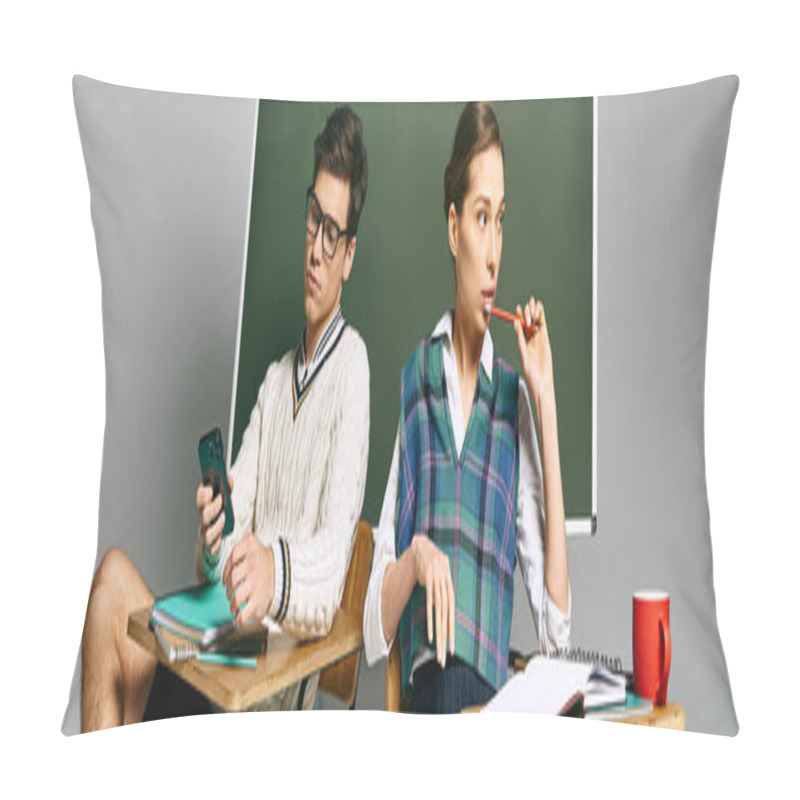 Personality  Two Students, A Male And A Female, Sitting At A Desk In Front Of A Chalkboard In A College Setting. Pillow Covers