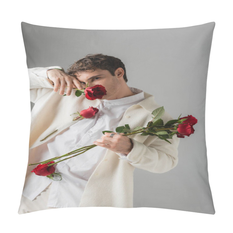 Personality  Fashionable Man In White Shirt And Jacket Obscuring Face With Red Rose And Looking At Camera Isolated On Grey Pillow Covers