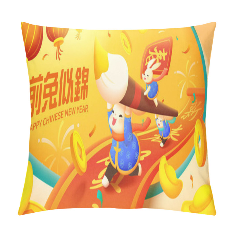 Personality  2023 Chinese New Year Banner. Illustration Of Three Rabbits In Traditional Costumes Run On Long Couplet Written Best Wishes For New Year. Text: Having A Bright Future In Year Of The Rabbit. Spring. Pillow Covers