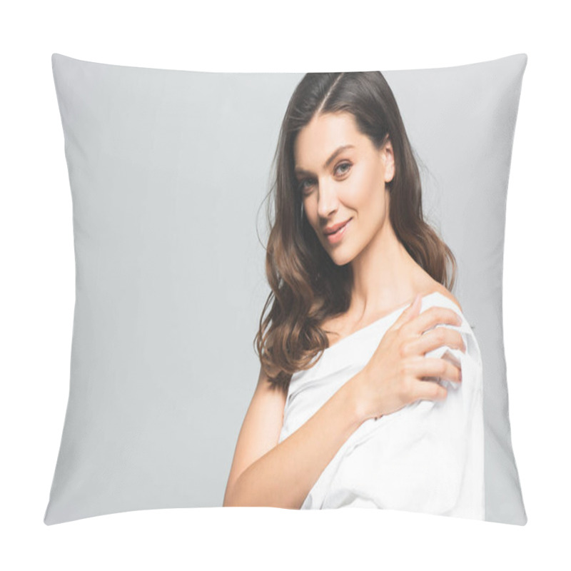 Personality  Portrait Of Smiling Brunette Woman With Perfect Skin, Isolated On Grey Pillow Covers