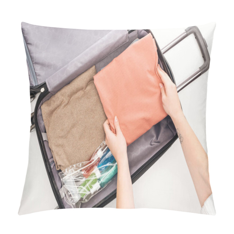 Personality  Cropped View Of Woman Packing Travel Bag On White Background  Pillow Covers