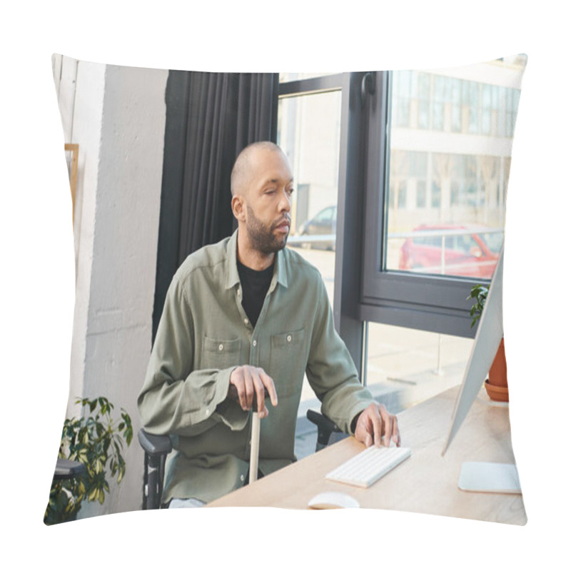 Personality  A Disabled African American Man With Myasthenia Gravis Focused On His Computer Screen, Typing On A Keyboard, Creating A Digital Project In A Corporate Office Setting. Pillow Covers