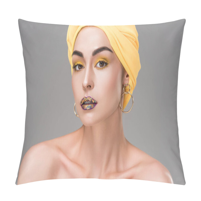 Personality  Beautiful Naked Woman With Stylish Makeup Wearing Yellow Head Wrap And Looking At Camera Isolated On Grey  Pillow Covers