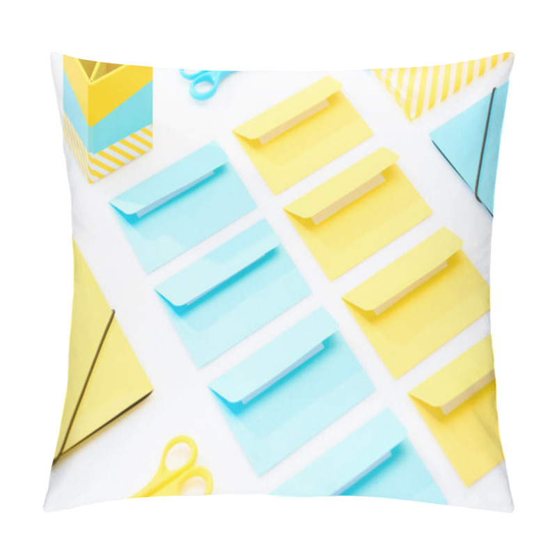 Personality  Flat Lay Of Colourful Envelopes, Scissors, Folders, Pencil Case And Pencil Box On White Background Pillow Covers