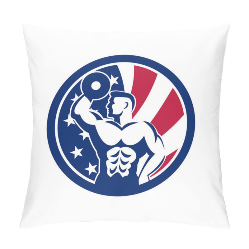 Personality  Icon Retro Style Illustration Of An American  Fitness Gym Showing A Bodybuilder Lifting Dumbbell  With United States Of America USA Star Spangled Banner Or Stars And Stripes Flag Inside Circle. Pillow Covers